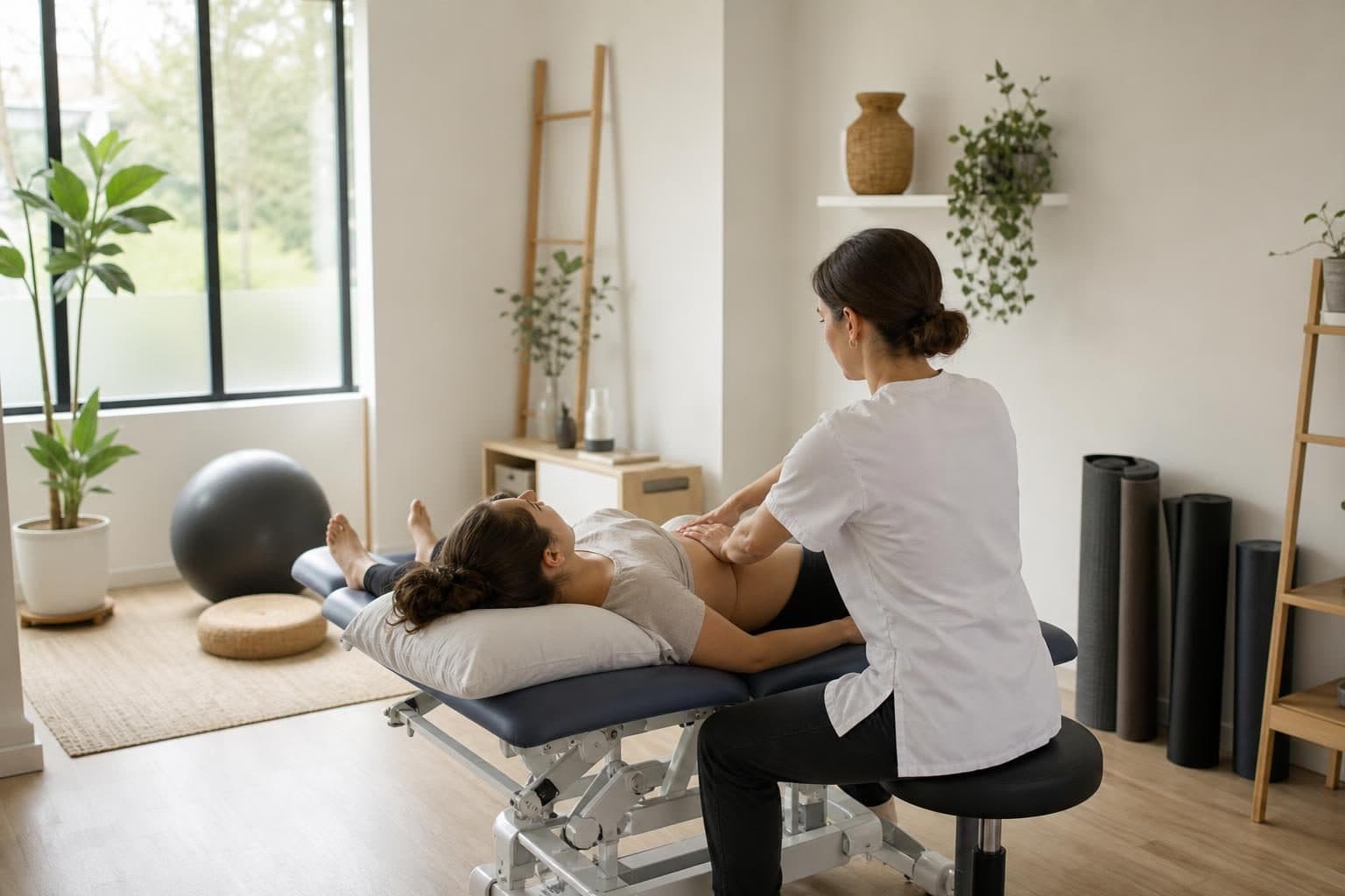 Kinésithérapeute réalisant un massage abdominal sur une patiente allongée, dans un cabinet lumineux.