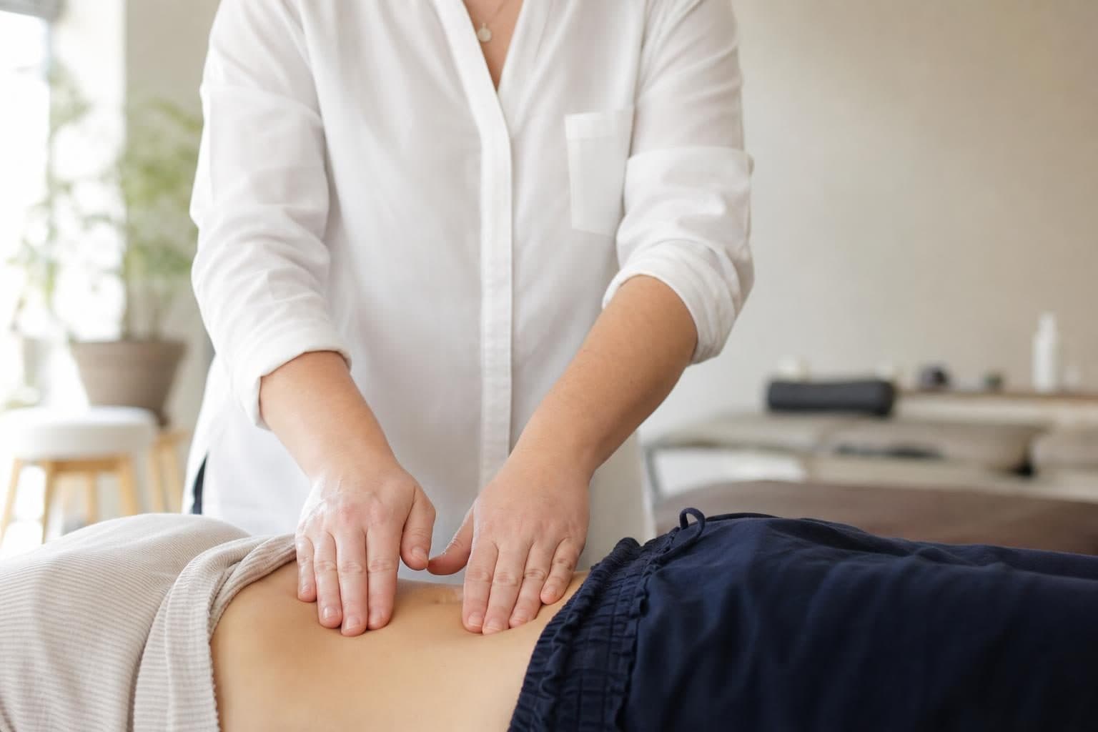 Mains d'une praticienne en chemise blanche posées sur le ventre d'une patiente allongée.