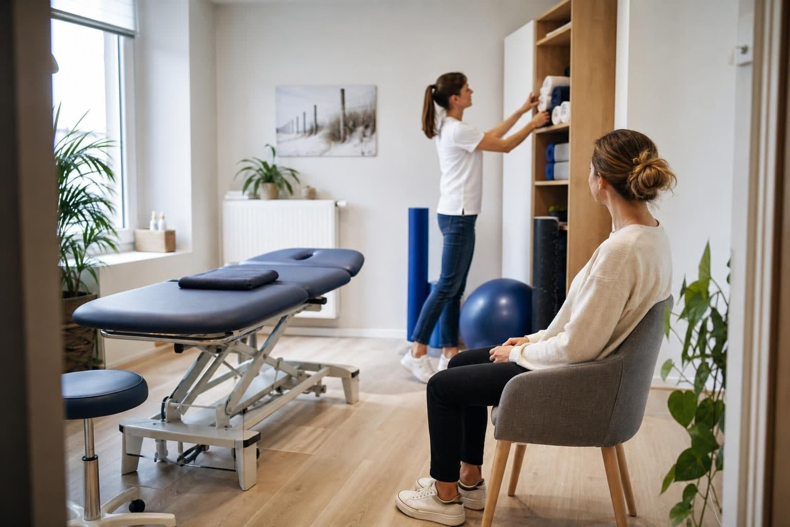 Dans un cabinet lumineux, une femme assise sur une chaise attend pendant qu’une autre femme range des serviettes dans…