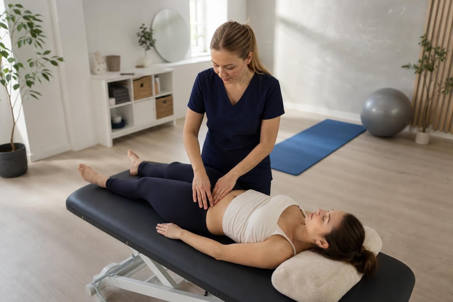 Kinésithérapeute réalisant un massage abdominal sur une patiente allongée sur une table de soin.